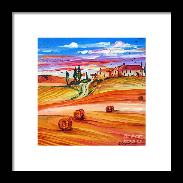 Tuscany Framed Print featuring the painting Hot Summer Tuscany sunset by Roberto Gagliardi
