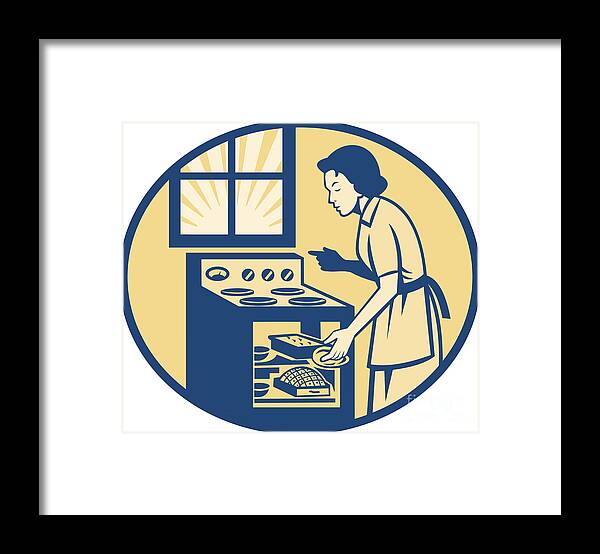 Housewife Framed Print featuring the digital art Housewife Baker Baking in Oven Stove Retro by Aloysius Patrimonio