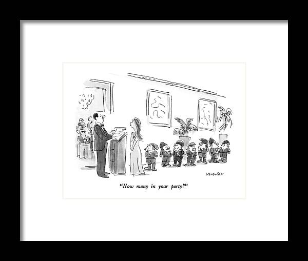 Restaurants Framed Print featuring the drawing How Many In Your Party?
 Man With Reservation by James Stevenson