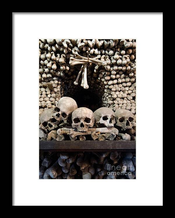 Skull Framed Print featuring the photograph Human skulls and wall made out of bones by Jaroslaw Blaminsky