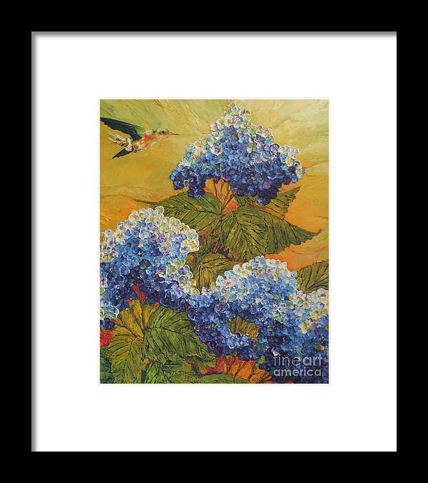 Hummingbird Art Framed Print featuring the painting Hummingbird and Blue Hydrangea by Paris Wyatt Llanso