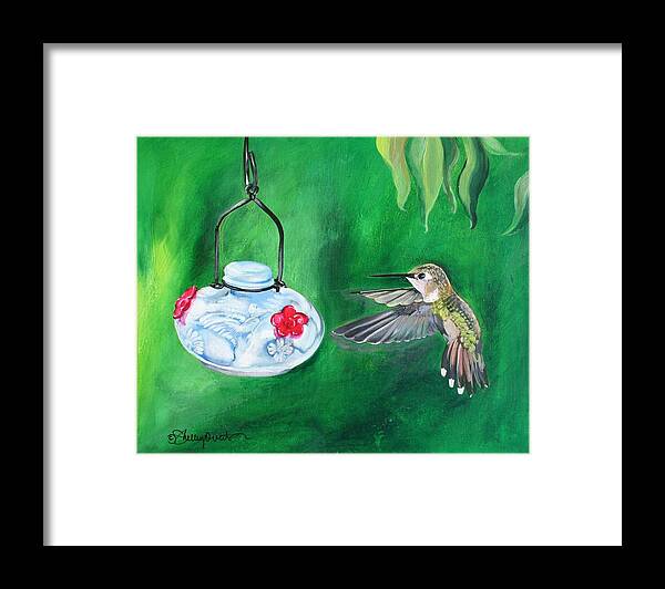 Hummingbird Framed Print featuring the painting Hummingbird and The Feeder by Shelley Overton
