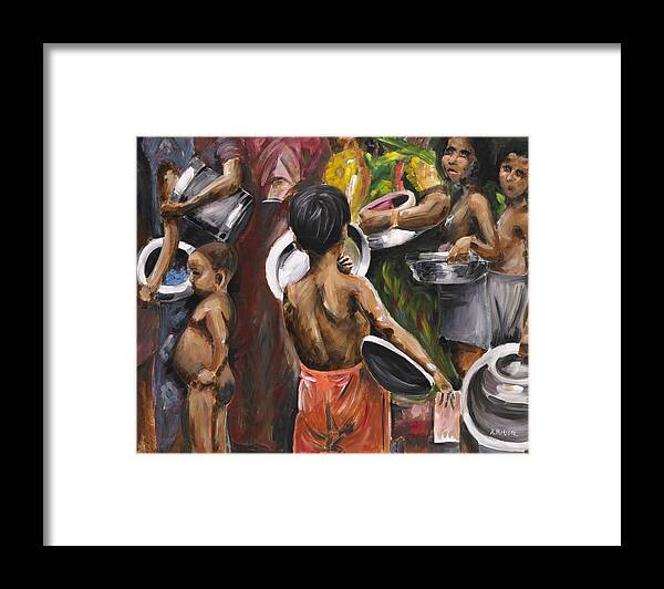 Poor Framed Print featuring the painting Hungry in line. by Alan Metzger