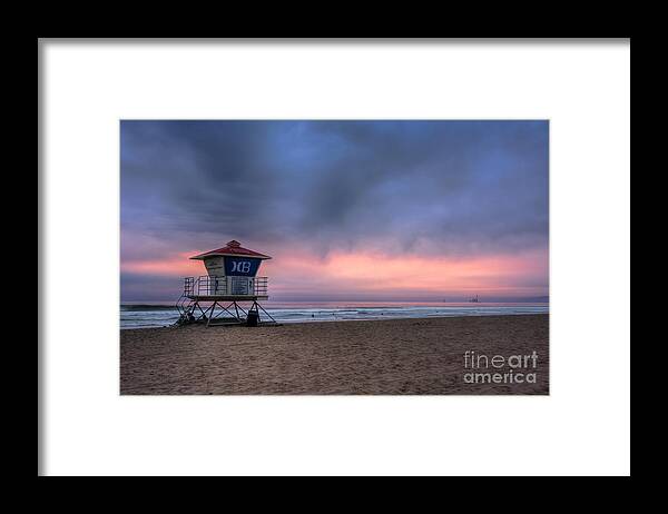 Clouds Framed Print featuring the photograph Huntington Beach Lifeguard Tower by Eddie Yerkish