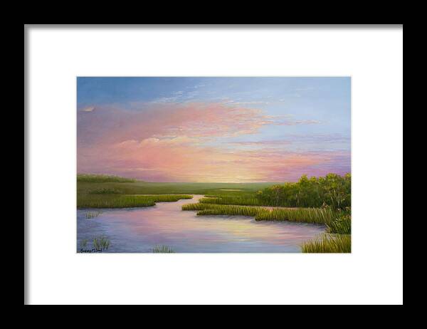 Sunset Over Marsh At Huntington Beach State Park At Coastal South Carolina Framed Print featuring the painting Huntington Inspiration by Audrey McLeod