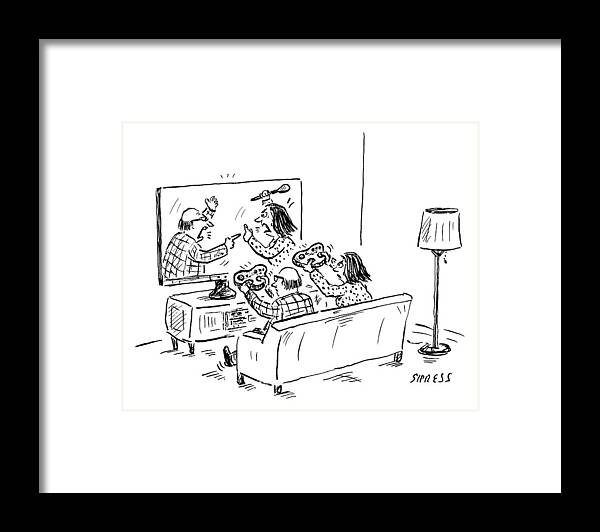 Captionless. Video Game Framed Print featuring the drawing Husband And Wife On Couch Play Video Game by David Sipress