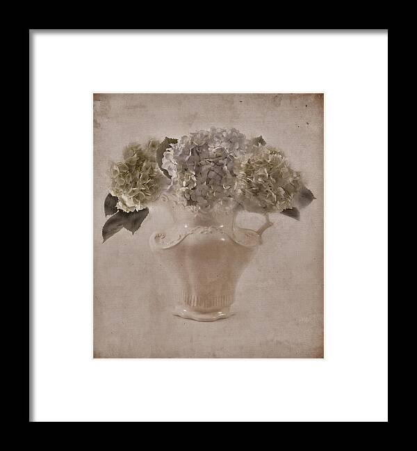 Hydrangeas Still Life Framed Print featuring the photograph Hydrangeas In Cream Pitcher by Sandra Foster