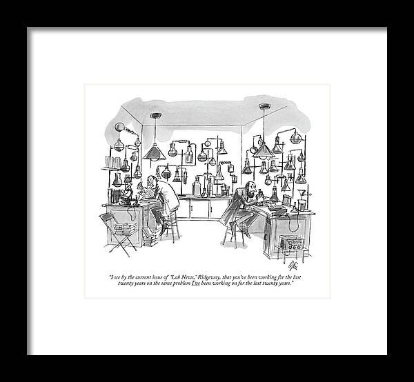 Scientists Framed Print featuring the drawing I See By The Current Issue Of 'lab News by Everett Opie