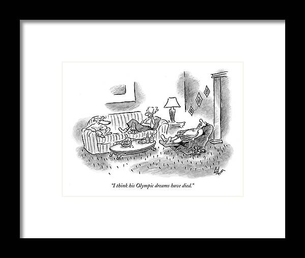 Sports Problems Olympics Incompetents

(woman Talking On Phone About Her Husband Asleep In A Recliner.) 119038 Fco Frank Cotham Sumnerperm Framed Print featuring the drawing I Think His Olympic Dreams Have Died by Frank Cotham