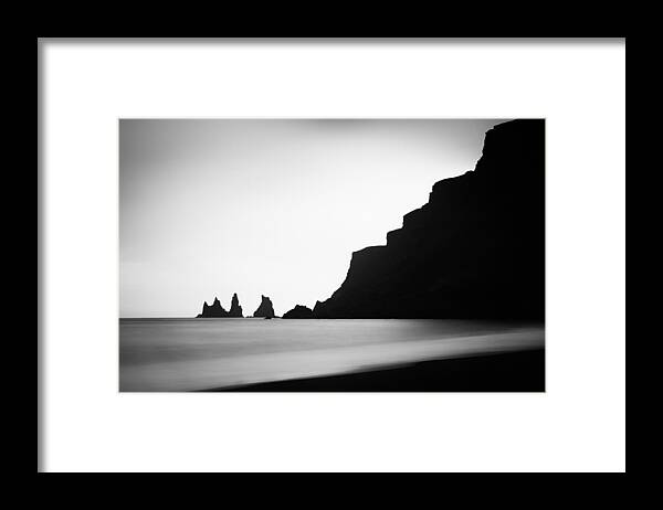 Minimalist Framed Print featuring the photograph Iceland coast Reynisdrangar minimalist black and white photo by Matthias Hauser