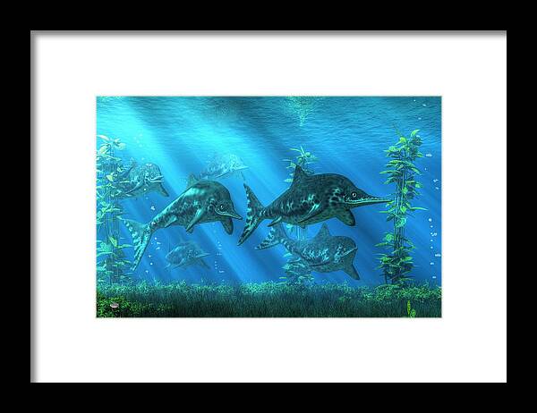 Ichthyosaur Framed Print featuring the digital art Ichthyosaurs by Daniel Eskridge