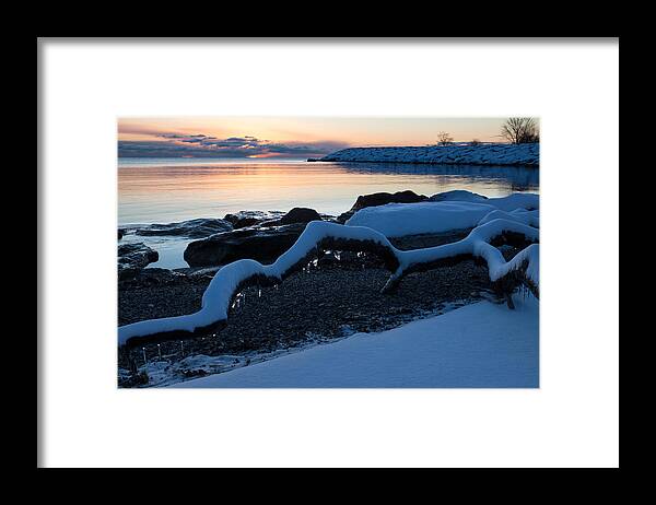 Icy Framed Print featuring the photograph Icy Snowy Winter Sunrise on the Lake by Georgia Mizuleva