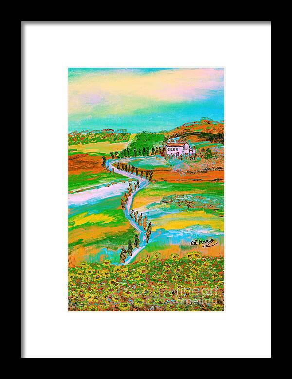 The Approach To A Farmhouse In Rural Tuscany Framed Print featuring the painting Tuscan countryside by Loredana Messina