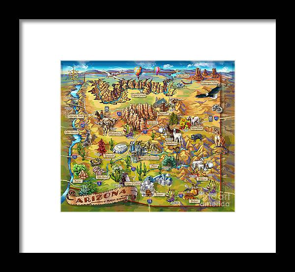 Arizona Map Framed Print featuring the painting Illustrated Map of Arizona by Maria Rabinky