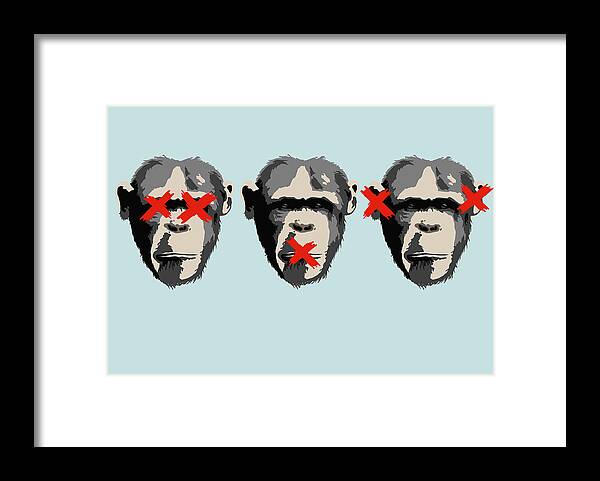 Animal Themes Framed Print featuring the digital art Illustration Of Three Monkeys by Malte Mueller
