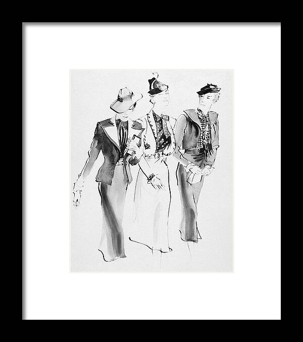 Fashion Framed Print featuring the digital art Illustration Of Three Women Wearing Skirt Suit by Rene Bouet-Willaumez