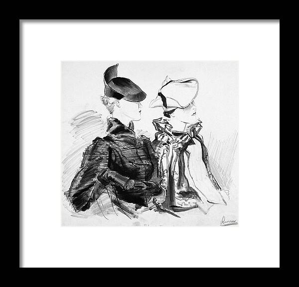 Fashion Framed Print featuring the digital art Illustration Of Two Women Wearing Berets And Capes by Rene Bouet-Willaumez