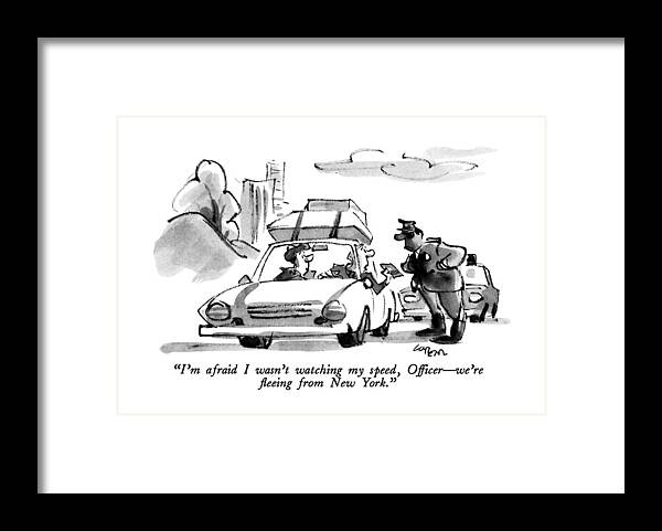 

 Man Holding Out License To Traffic Patrol Cop. 
Speeding Framed Print featuring the drawing I'm Afraid I Wasn't Watching My Speed by Lee Lorenz