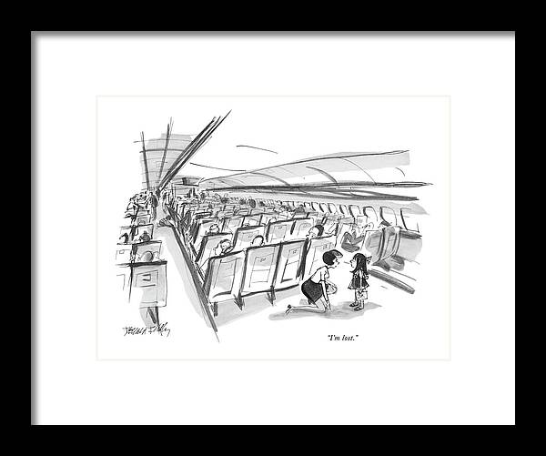 
(a Little Girl Is Speaking To A Stewardess On A Giant Airplane.) Jumbo Jet Children Family Travel Donald Reilly Dre Artkey 45253 Framed Print featuring the drawing I'm Lost by Donald Reilly