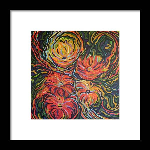 Zinnias Framed Print featuring the painting In full bloom by Zofia Kijak
