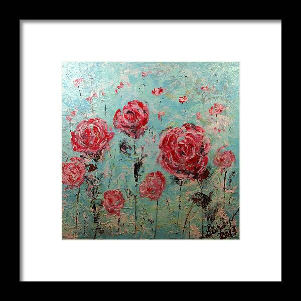 Floral; Flowers; Field; Field Of Flowers; Robins Egg Blue; Red Flowers; Red Poppies; Red Roses; Impressionism; Expressionism; Dream Of Flowers; Soft Light; Laura Grisham; Canvas; Paper; Cards; Bedroom Painting; Office Painting; Framed Print featuring the painting In My Dreams by Laura Grisham