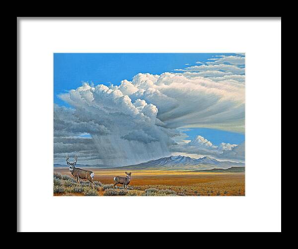 Landscape Framed Print featuring the painting In the Foothills-Mule Deer by Paul Krapf