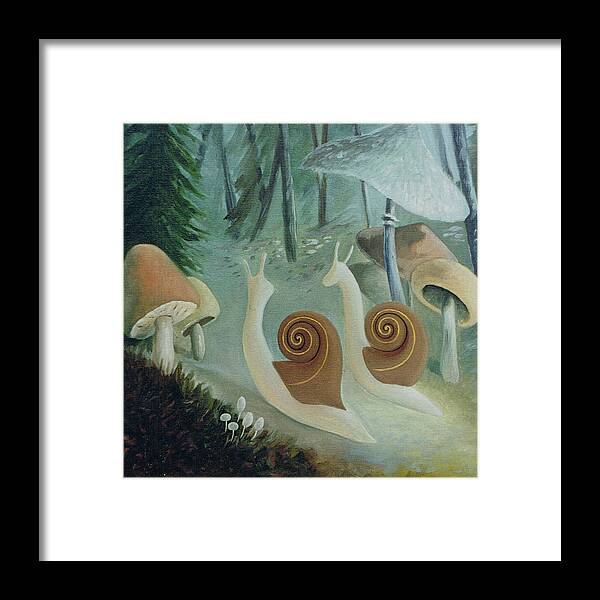 Snail Framed Print featuring the painting In the Mushroom Forest by Tone Aanderaa