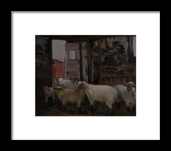 Sheep Framed Print featuring the painting In the Shed by Aurelia Nieves-Callwood