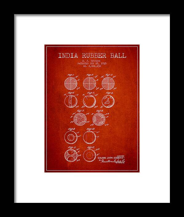 Lacrosse Framed Print featuring the digital art India Rubber Ball Patent from 1935 - Red by Aged Pixel