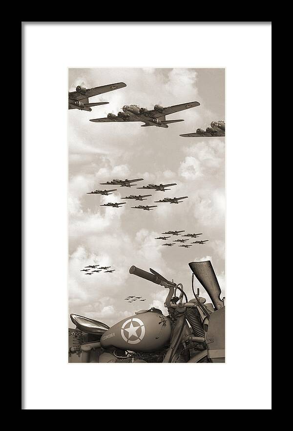 Ww2 Framed Print featuring the photograph Indian 841 And The B-17 Panoramic Sepia by Mike McGlothlen