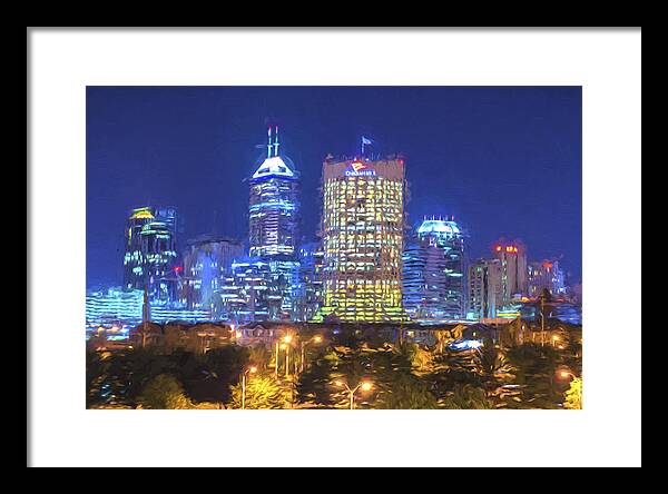 Indianapolis Framed Print featuring the photograph Indianapolis Indiana Digitally Painted Night Skyline Blue 3 by David Haskett II