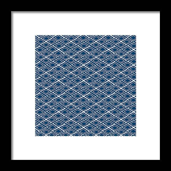 Indigo And White Framed Print featuring the painting Indigo and White Small Diamonds- Pattern by Linda Woods