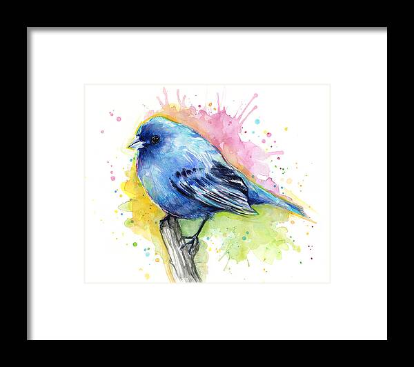 Blue Framed Print featuring the painting Indigo Bunting Blue Bird Watercolor by Olga Shvartsur