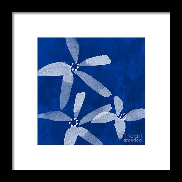 Abstract Framed Print featuring the painting Indigo Flowers by Linda Woods