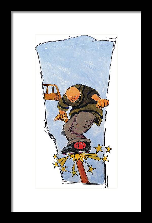 Mike Jory Rollerblades Framed Print featuring the painting Inline Skates Rail Grind by Mike Jory