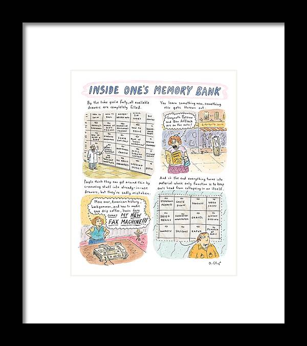 Inside One's Memory Bank Framed Print featuring the drawing 'inside One's Memory Bank' by Roz Chast