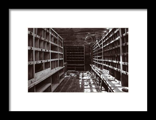 Unique Framed Print featuring the photograph Inside Storage Building Sepia 1 by Roger Snyder