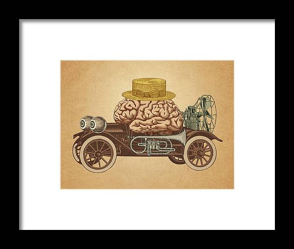 Car Brain Fan Hat Eye Tuba Surrealism Rare Bizarre Collage Vintage Pepetto Nonsense Humor Crazy Funny Curious Extravagant Sophisticated Conceptual Framed Print featuring the digital art Intelligent Car by Pepetto Gallery
