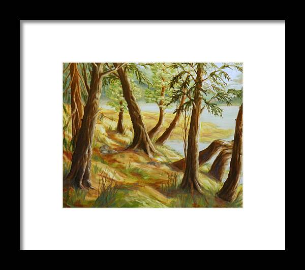 Trees Water Mountains Clouds Grass Branches Soil Ground Hill Bog Reeds Leaves Fir Cedar Rocks Trunks Path Sunlight Shadow Green Yellow Blue Orange Brown White Nature Landscape Sea Inlet Framed Print featuring the painting Interlude by Ida Eriksen