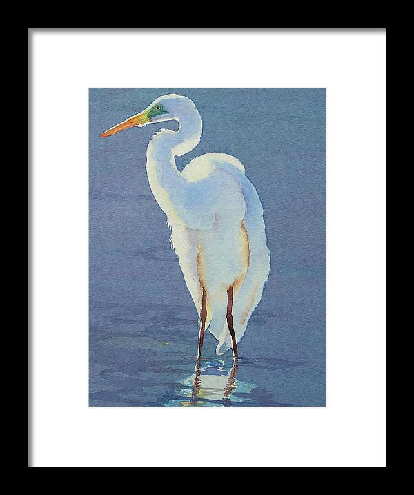 White Heron On Blue Background Framed Print featuring the painting Into the Light by Judy Mercer