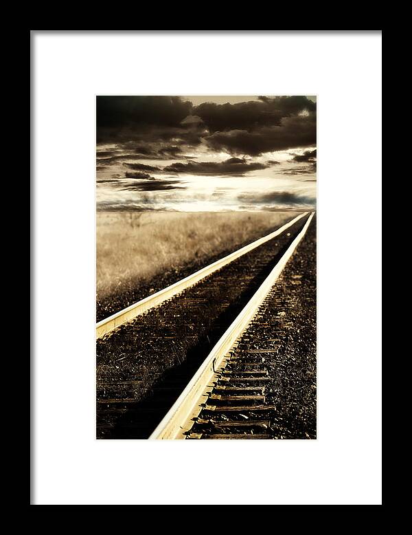 Railroad Tracks Framed Print featuring the photograph Into the Sunset by Rebecca Cozart