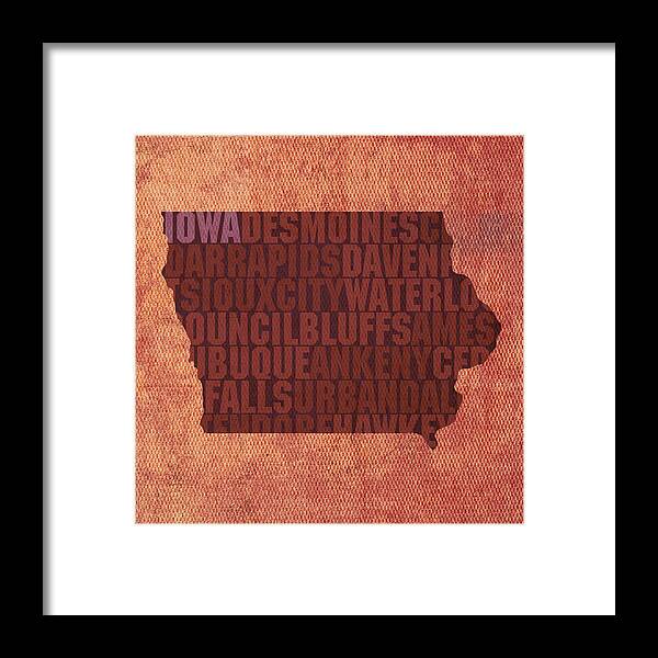 Iowa Word Art State Map On Canvas Framed Print featuring the mixed media Iowa Word Art State Map on Canvas by Design Turnpike