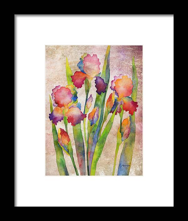 Iris Framed Print featuring the painting Iris Elegance on Pink by Hailey E Herrera