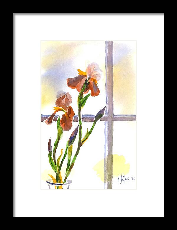 Irises In The Window Framed Print featuring the painting Irises in the Window by Kip DeVore