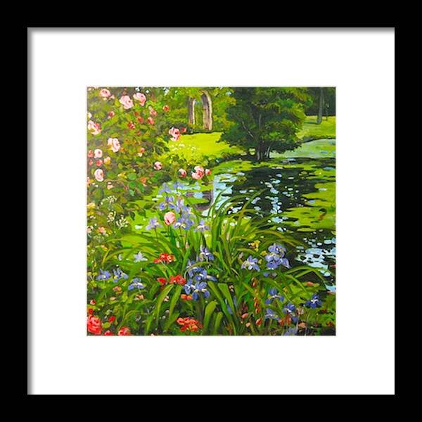 Landscape Framed Print featuring the painting Irises on the Pond by Ingrid Dohm