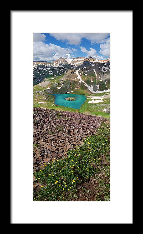 Vertical Framed Print featuring the photograph Island Lake Vertical Panorama by Aaron Spong