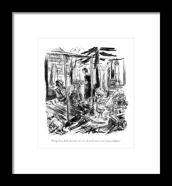 113566 Pba Perry Barlow A Country Man Speaks To His Wife About Technology. About Allies Armed Army Axis Country Farm Farmer Farmers Farming Farms Folk Folks Forces Man Navy Rural Soldiers Speaks Technology Two Wartime Wife World Wwii Framed Print featuring the drawing It Says Here by Perry Barlow