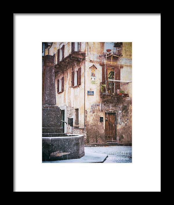 Architecture Framed Print featuring the photograph Italian square in snow by Silvia Ganora