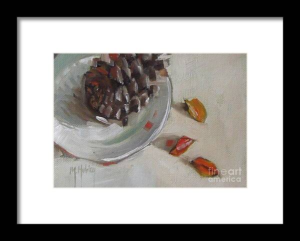 Still Life Framed Print featuring the painting Pine cone still life on a plate by Mary Hubley