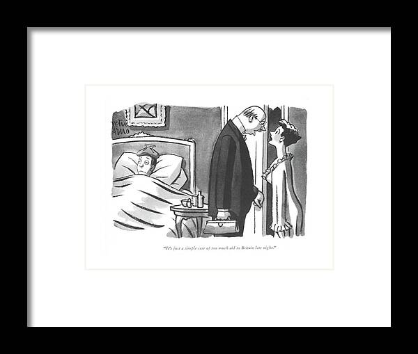 111208 Par Peter Arno Doctor About Hung Over Soldier.
 About Alcohol Alcoholic Alcoholism Doctor Drink Drinking Drunk Effort Front Home Hung Inebriated Intoxicated Liquor Over Ration Rationing Soldier Two War Wartime World Wwii Framed Print featuring the drawing It's Just A Simple Case Of Too Much Aid by Peter Arno